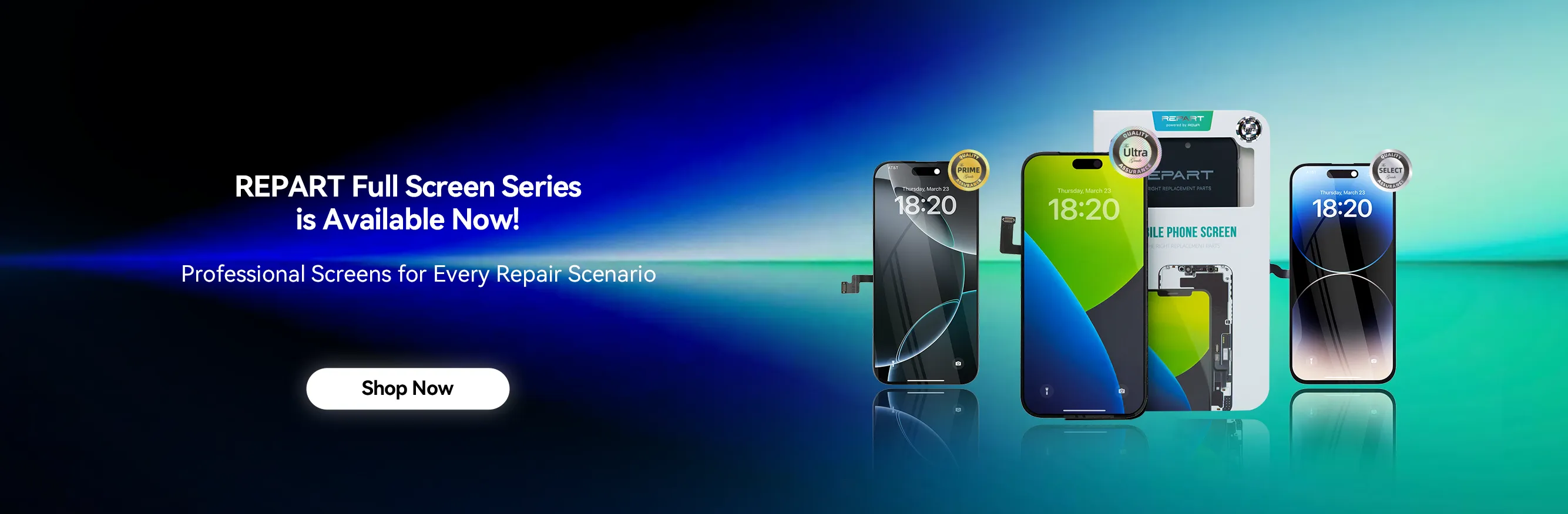 Advertisement for REPART Full Screen Series with images screen replacement and packaging on a gradient background.